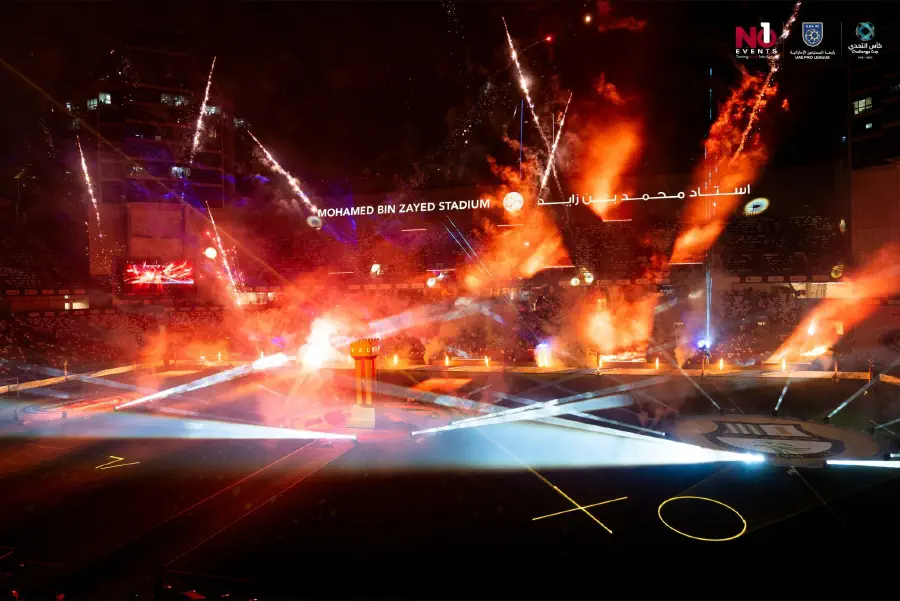 Flame projectors and lasers firing across the pitch at Mohammed bin Zayed Stadium
