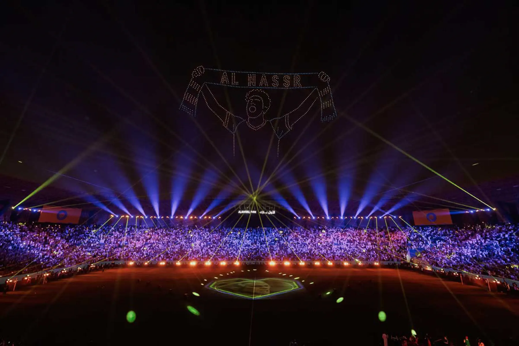 Beams, lasers and a drone-drawn Al Nassr scarf above a packed Al Awwal Park during the Roshn Saudi League closing ceremony