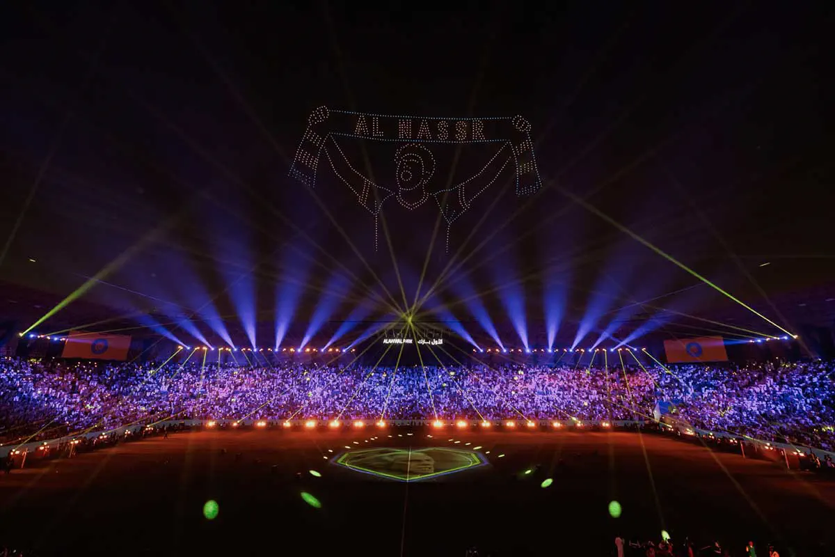 Beams, lasers and a drone-drawn Al Nassr scarf above a packed Al Awwal Park during the Roshn Saudi League closing ceremony