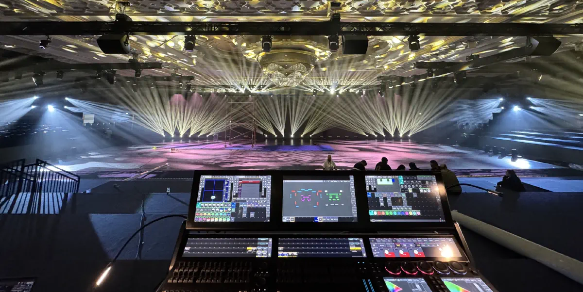 The grandMA3 at front of house during the UAE Pro League Awards, with beam fans across the Emirates Palace ballroom beyond