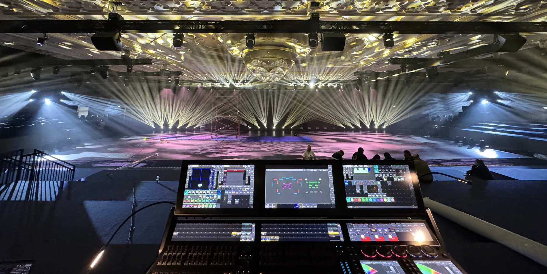 The grandMA3 at front of house during the UAE Pro League Awards, with beam fans across the Emirates Palace ballroom beyond